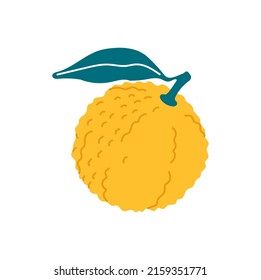 Japanese yuzu pomelo or junos yuya grapefruit isolated yellow fruit with leaf flat cartoon icon. Vector exotic tropical fruit dessert, farmer market design. Yuzu citrus, fresh whole Chinese pomelo