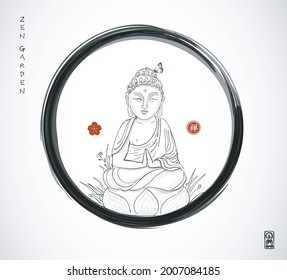 Japanese zen garden composition. Buddha garden statue in black enso zen circle. Translation of hieroglyph - zen.