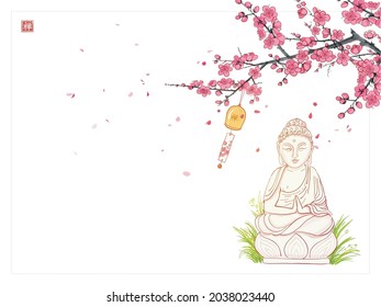 Japanese zen garden composition. Buddha garden statue, furin chime bell and sakura blossom on the wind. Translation of hieroglyph - zen.