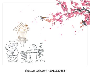 Japanische Zen-Gartenzusammensetzung. Japanischer Zen-Garten im Dodle-Stil. Bodhisattva Jizo, Toro-Laterne und Zen-Rock-Skulptur unter sakura-Blüte. Traditionelle japanische Tinte Waschmittel sumi-e. 