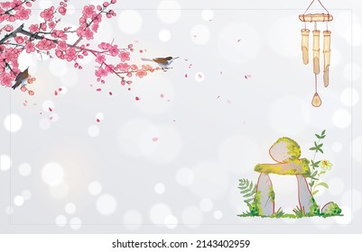 Japanese zen garden composition with sakura blossom. Zen rock sculpture and bamboo wind chime on white glowing background