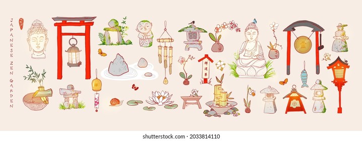 Japanese zen garden doodles. Hieroglyphs - zen, noble, way