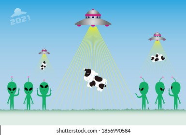 Japanese zodiac New Year card theme. Six aliens are standing in a meadow. Multiple UFOs are floating in the sky, pulling cows up with a laser beam. An imaginary illustration of an aliens