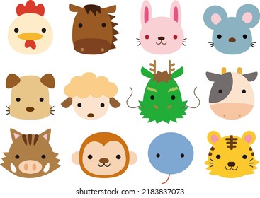 Japanese Zodiac symbols Face icon set 