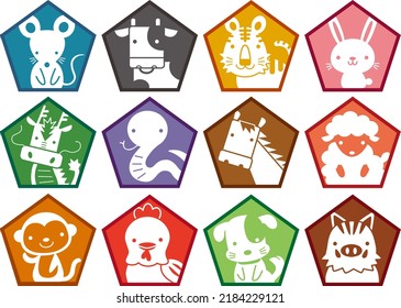 Japanese Zodiac symbols pentagon Color set