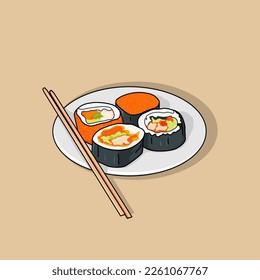 Japanesefood. sushi on a white plate. Various sets of various sashimi, maki and sushi rolls with different fillings - tuna, sea bass, salmon, shrimp, vegetables. Flatlay copy space