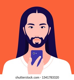 The Japanese's portrait with a beard and long hair. Avatar of the Asian man. Vector flat illustration