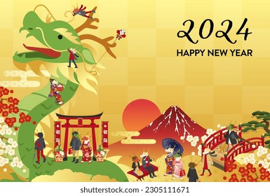 A Japanese-style 2024 New Year's card with a big dragon and people. (vector illustration)

Translation:Fuku-Bukuro(Japanese lucky bag)
