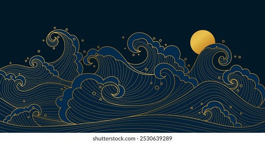 Plano de fundo em estilo japonês com ondas oceânicas abstratas desenhadas à mão em cores douradas e azuis. Ótimo para cartazes, decoração de casa e cartões de felicitações elegantes.