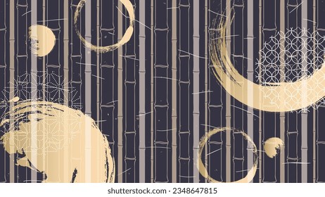 Japanese-style background of circles and bamboo drawn with a brush