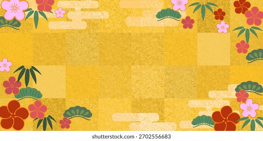 Fondo de estilo japonés con patrones de azulejos de oro y diseños de pino, bambú y ciruela