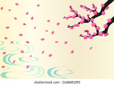 Japanese-style background illustration with red plums and petals falling on the surface of the water. Horizontal type. Vector illustration.
