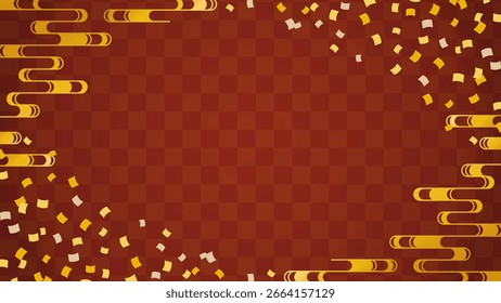 Material de fondo de estilo japonés con patrón a cuadros rojos, patrón de agua que fluye dorado y confeti