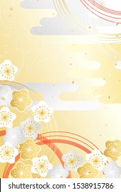 A Japanese-style background of string-like ornament called mizuhiki and plum blossoms