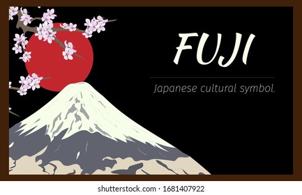 Japanese-style banner with Fuji volcano. Vector illustration in a flat style on a black background for Japanese cards, posters, greetings.