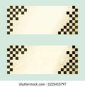 Japanese-style banner and header background illustration set with checkered pattern, gold leaf, and Japanese paper texture. Vector illustration.