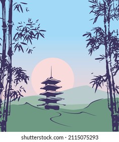 Japanese-style building Bamboo, Japan, Japanese graphics, landscape, Oriental art, stencil