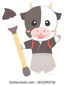 A Japanese-style cow character with a brush.
