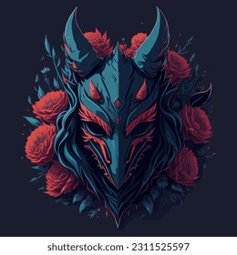 Japanese-style demon mask with floral embellishments in vector art 2