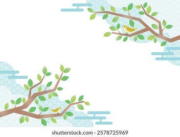 Japanese-style design of trees and nightingales illustration background material