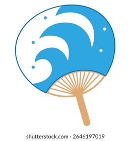 A Japanese-style fan featuring a refreshing blue wave pattern, perfect for hot summer days.