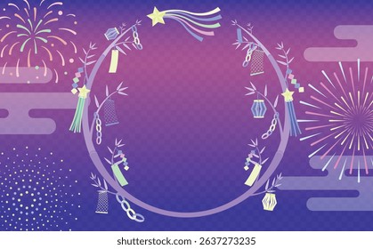 Japanese-style fireworks and other summer Tanabata and summer festival background frame_Tanabata decorations, stars, bamboo leaves, etc._Purple
