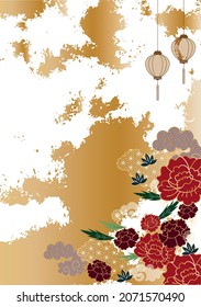 Japanese-style flower pattern on the background of gold droplets