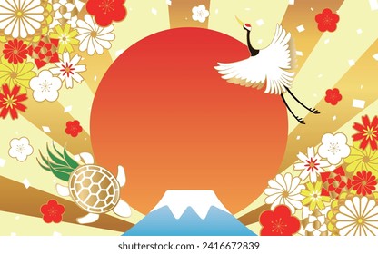 Japanese-style frame of Mt. Fuji and the first sunrise decorated with flowers and cranes and turtles
