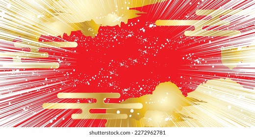 Japanese-style golden clouds, waves and concentration lines drawn with a chic paintbrush on a red background