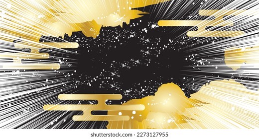 Nubes doradas de estilo japonés, olas y líneas de concentración dibujadas con un pincel elegante sobre un fondo negro