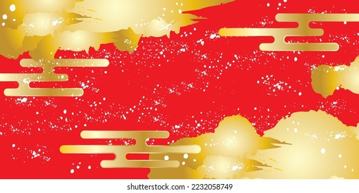 Japanese-style golden clouds and waves that look like they were drawn with a chic paintbrush on a red background