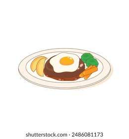 japanese-style hamburger steak served with potato carrot and broccoli, vector illustration