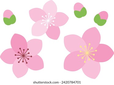 Japanese-style icon illustration of pretty pink peach blossoms and buds