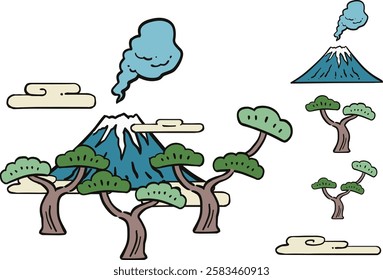 Japanese-style illustration of Mt. Fuji, pine trees, and clouds