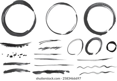 Japanese-style ink circles and lines design. Simple brushstroke art with sumi ink.