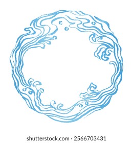 Japanese-style line drawing illustration with a blue calligraphy brush. Dynamic, blurred waves with a circular ink brush. Concept of the sea and water splashes