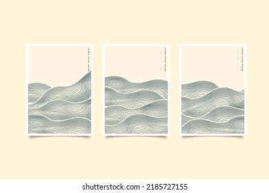 Japanese-style mountains and sea objects in an abstract template with a line wave pattern.