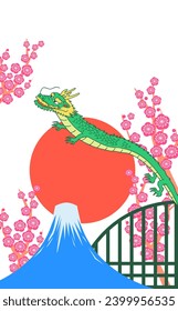 Japanese-style New Year's card material with dragon, sunrise, and camellia