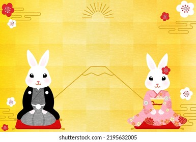 Japanese-style New Year's card for the year of the Rabbit 2023, Kimono rabbit, Mt. Fuji and gold leaf background - Shutterstock ID 2195632005