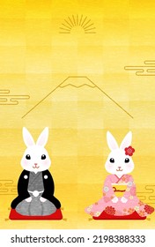Japanese-style New Year's card for the year of the Rabbit 2023, Kimono rabbit, Mt. Fuji and gold leaf background