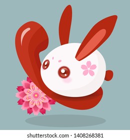 Japanese-style sakura with blue background and red telephone vector icons decorated with rabbits