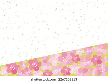 Japanese-style spring message card with cherry blossoms and gold foil. Can be used as a frame or background.