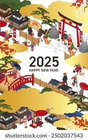 Japanese-style streetscape and people. New Year's card for 2025, Year of the Snake.

Translation:hatsu-moude(first visit to the shrines or temples)