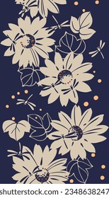 Japanese-style textile seamless pattern of sunflower flowers and dragonflies