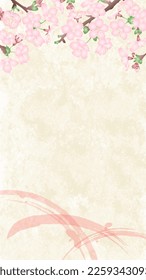 Ilustración vectorial al estilo japonés de flores de cerezo de gradación tridimensional y brochas rosadas en un fondo de estilo de papel japonés. Tipo vertical.