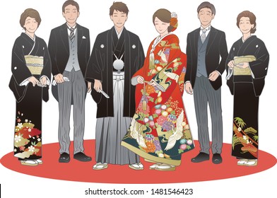 Japanese-style wedding couple and family.