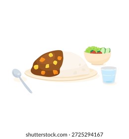 japanese-styled curry rice with salad, vector illustration