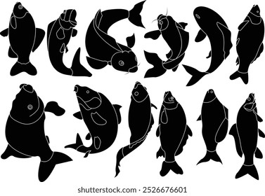 Japanies Koi karp fish silhouette icon set for T-Shirt and logo.