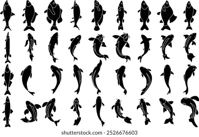 Japanies Koi karp fish silhouette icon set for T-Shirt and logo.