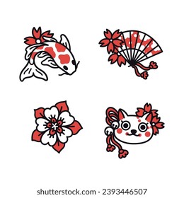 Japanise set of objects cat mask, paper hand fan, sakura flowers, koi fish carp. Asian style. Oriental vector illustration on a white background